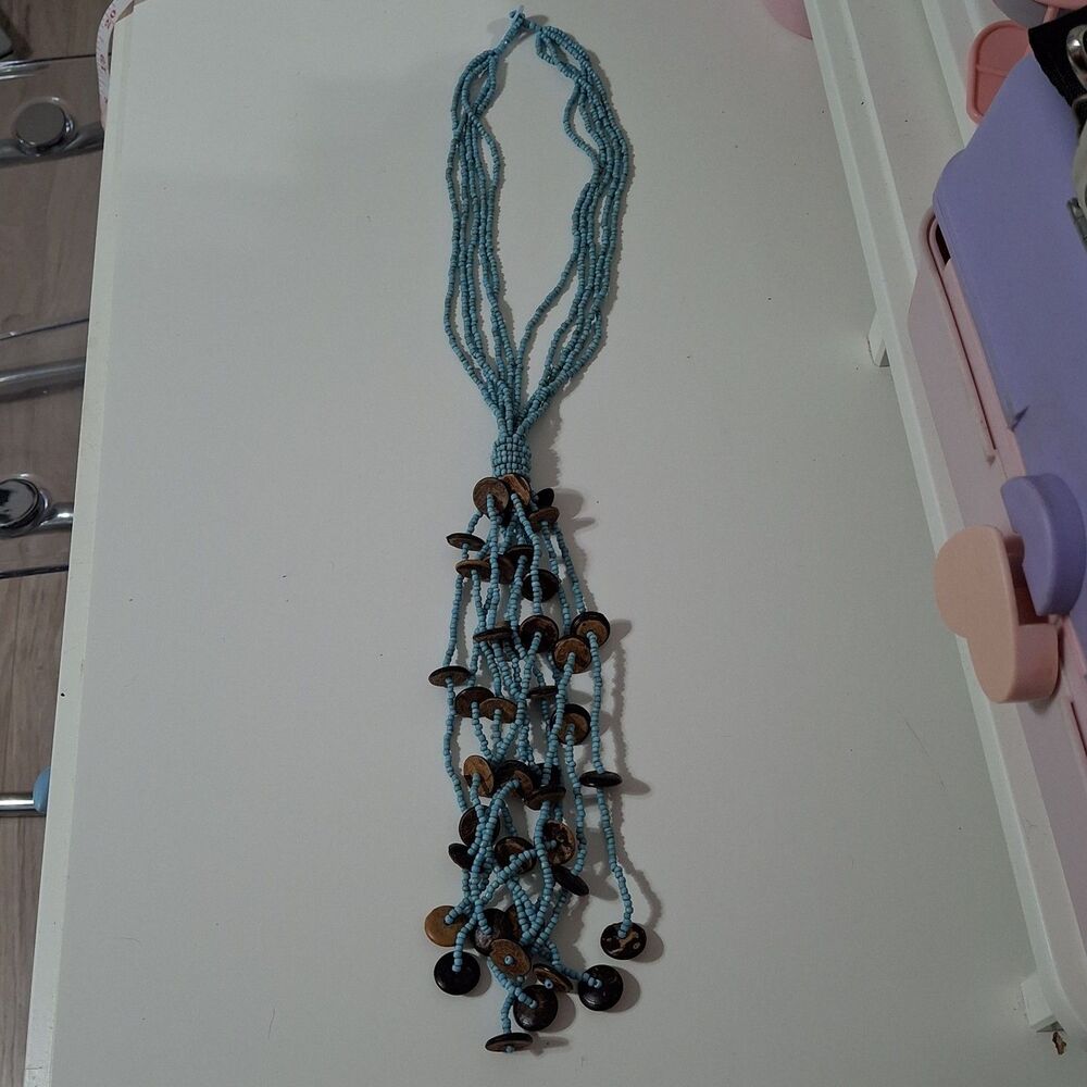 Bohemian Aqua Turquoise Seed Bead Wooden Long Tassel Lariat Y Necklace